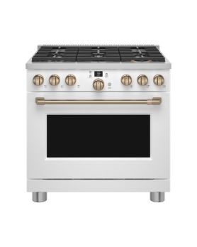 Cuisinière amovible à biénergie avec 6 brûleurs, 36 po, Blanc, GE Café C2Y366P4TW2  Blanc 6 bruleurs     Capacité 5.75 pieds cubes 2700 Watts