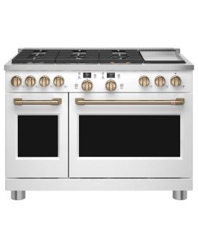 Gas range 48 in. freestanding, with 6 sealed burners, white, Cafe Professional Series C2Y486P4TW2  White  6 Burners     Capacity 5.75 cubic feet  2700W Watts  Width 48 inches