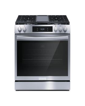 Cuisinière à gaz à commande frontale avec convection totale, 30 po, 5 brûleurs, acier inoxydable, Frigidaire Gallery GCFG3060BF  Inox 5 bruleurs     Capacité 6 pieds cubes 18000 BTU Watts  largeur 30 pouces