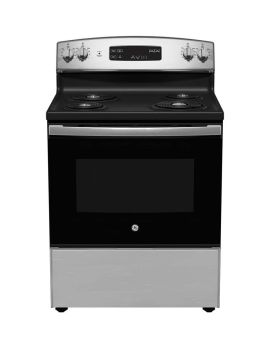 Induction range 30 in. freestanding, with 4 burners, stainless steel, GE JCBS350SVSS  Stainless  4 Burners     Capacity 5 cubic feet  2585W Watts  Width 30 inches