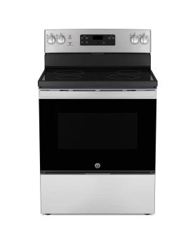Electric range 30 in. freestanding, with 5 radiant burners, stainless steel, GE® JCBS630SVSS  Stainless  5 Burners     Capacity 5 cubic feet  2850W Watts  Width 30 inches
