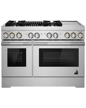 Cuisinière au Gaz de 48 po. Jenn-Air 4.1 pi.cu avec 5 brûleurs en Inox JDRP748HL  Inox 5 bruleurs     Capacité 4.1 pieds cubes 3000 Watts  largeur 48 pouces