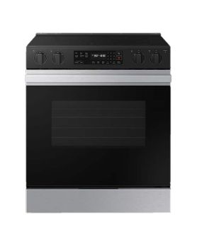 Electric range 30 in. slide-in, with 5 radiant burners, stainless steel, Samsung Bespoke Series NSE6DG8100SRAC  Stainless  5 Burners     Capacity 6.3 cubic feet  3000W Watts  Width 30 inches