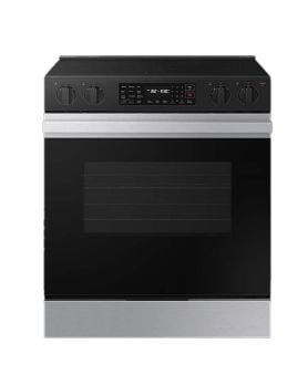 Electric range 30 in. slide-in, with 5 radiant burners, stainless steel, Samsung Bespoke Series NSE6DG8300SRAC  Stainless  5 Burners     Capacity 6.3 cubic feet  3000W Watts  Width 30 inches