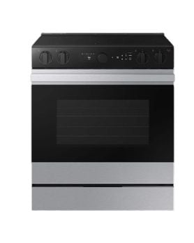 Electric range 30 in. slide-in, with 5 radiant burners, stainless steel, Samsung Bespoke Series NSE6DG8500SRAC  Stainless  5 Burners     Capacity 6.3 cubic feet  3000W Watts  Width 30 inches