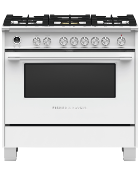 36 in. Gaz Fisher and Paykel Range 4.9 cu.ft with 5 burners in White OR36SCG6W1  White  5 Burners     Capacity 4.9 cubic feet  2500 Watts  Width 36 inches