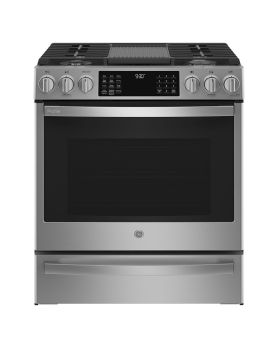 Cuisinière 30 Po. Gaz GE Profile PCGS930YPFS  Inox 5 bruleurs     Capacité 5.6 pieds cubes 16 000 Watts  largeur 30 pouces