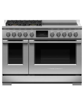 48 in. Gas and Induction Fisher and Paykel Range 6.9 cu.ft with 8 elements in Stainless RHV3-484-L  Stainless  8 Burners     Capacity 6.9 cubic feet  4600 Watts  Width 48 inches