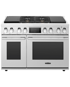 Cuisinière au Gaz et Induction de 48 po. Signature Kitchen Suite SKS 2.7 pi.cu avec 6 brûleurs en Inox SKSDR480SIS  Inox 6 bruleurs     Capacité 2.7 pieds cubes 2100 Watts  largeur 48 pouces  présenté par les Spécialistes de l'électroménager