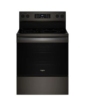 Cuisinière électrique 30 po autoportante, 5 brûleurs radiants, acier inoxydable noir, Whirlpool® YWFES5030RV  Inox Noir 5 bruleurs     Capacité 5.3 pieds cubes 2400W Watts  largeur 30 pouces