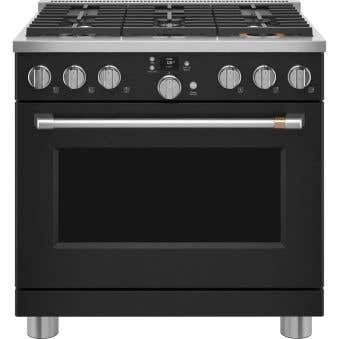 Cuisinière biénergie autoportante, 36 po, 6 brûleurs scellés, noir, GE Cafe™ C2Y366P3TD1  Noir 6 bruleurs     Capacité 5.75 pieds cubes 2700W Watts  largeur 36 pouces
