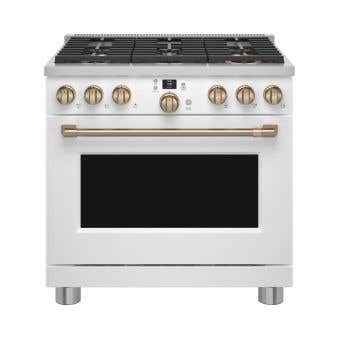 Cuisinière amovible à biénergie avec 6 brûleurs, 36 po, Blanc, GE Café C2Y366P4TW2  Blanc 6 bruleurs     Capacité 5.75 pieds cubes 2700 Watts
