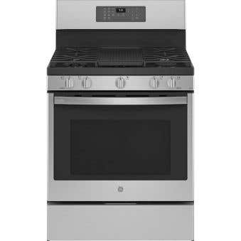 Cuisinière au gaz 30 po autoportante, 5 brûleurs scellés, acier inoxydable, GE® PCGB935YPFS  Inox 5 bruleurs     Capacité 5.6 pieds cubes 16000BTU Watts  largeur 30 pouces