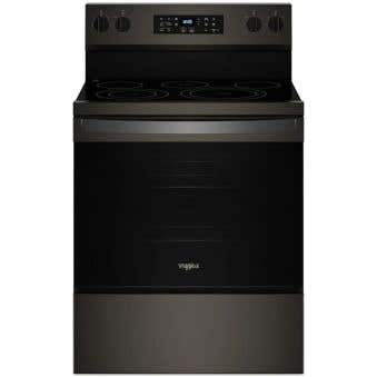Electric range 30 in. freestanding, with 5 radiant burners, black stainless, Whirlpool® YWFES5030RV  Black Stainless   5 Burners     Capacity 5.3 cubic feet  2400W Watts  Width 30 inches