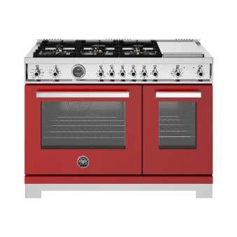 Dual Fuel Range, 6 Brass Burners and Griddle, Electric Self-Clean Oven, 48 inch, Red, Bertazzoni PRO486BTFEPROT