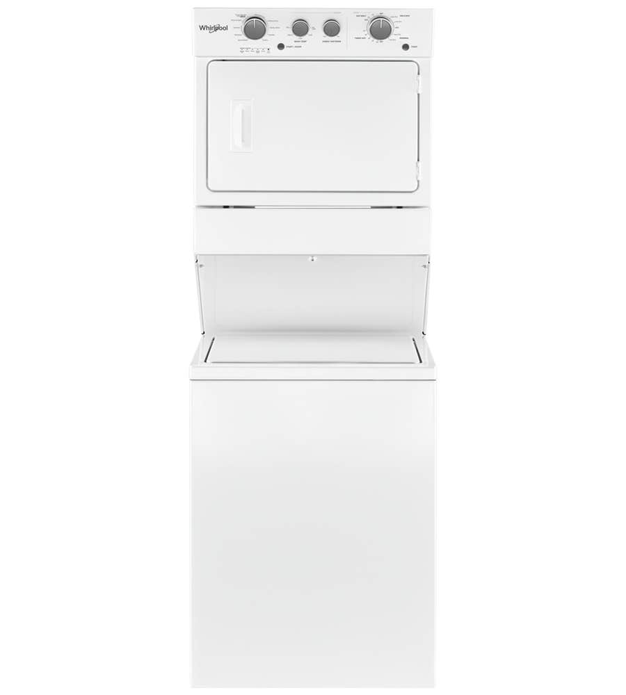 Whirlpool Stacked laundry in White color showcased by Corbeil Electro Store