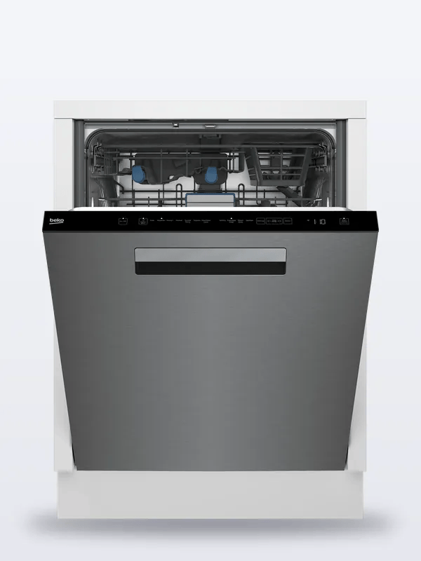 Lave-vaisselle Beko 24 po à cuve en acier inoxydable, porte ouverte montrant les paniers